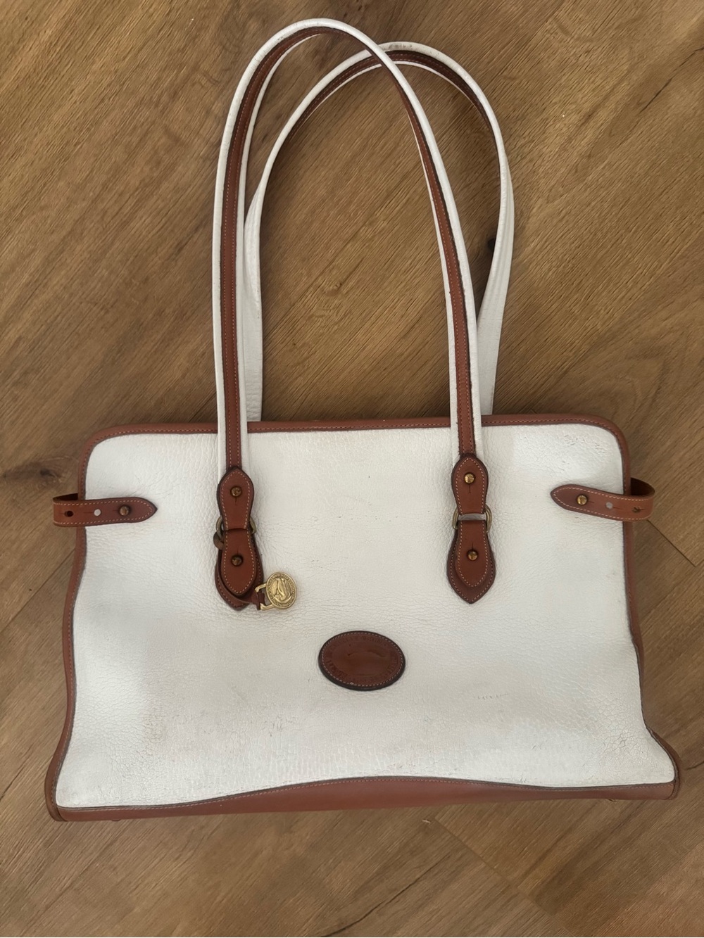 Vintage Dooney & Bourke White Leather Tote Made USA Tan Trim